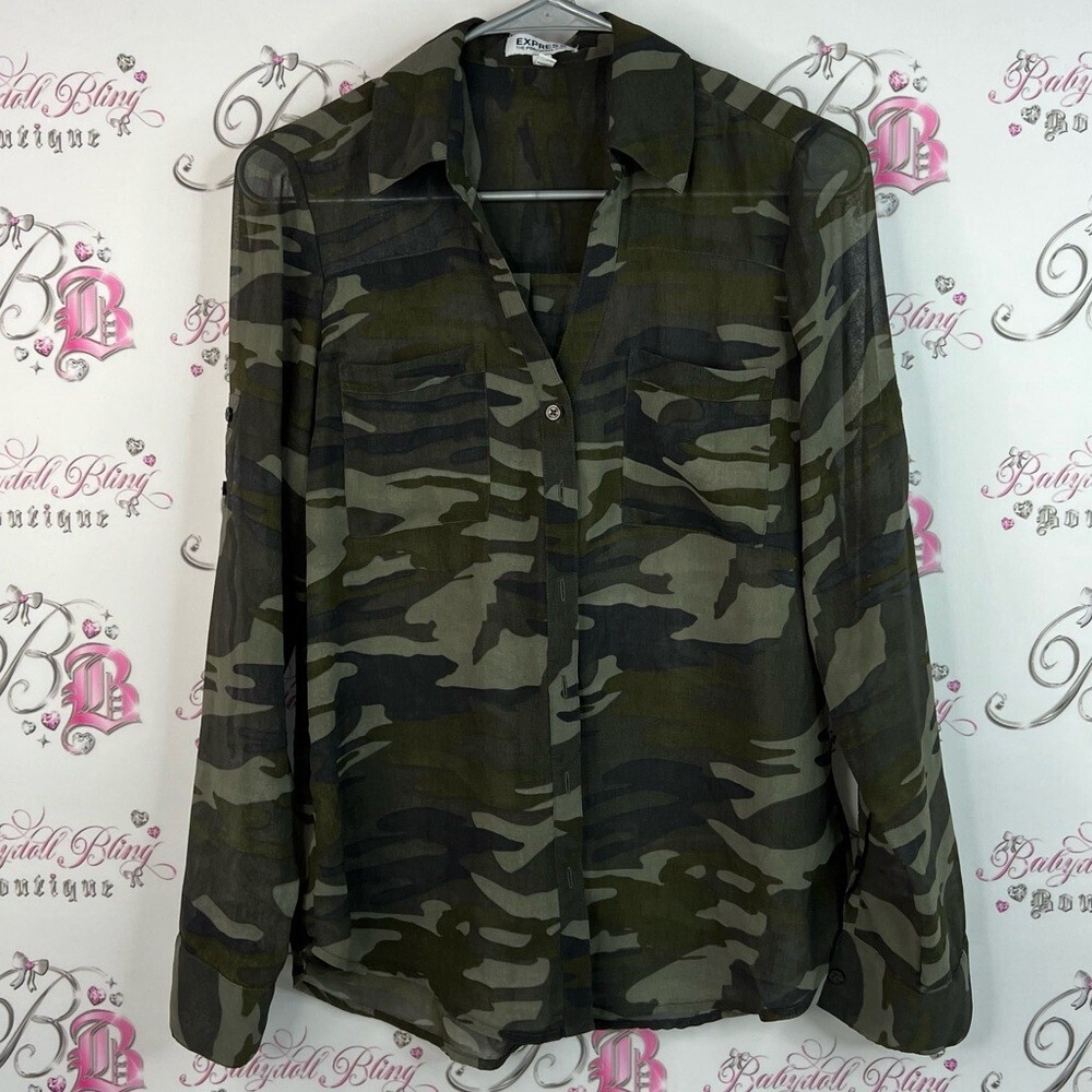 Express button down long sleeve camo Green Camouflage Shirt collared top